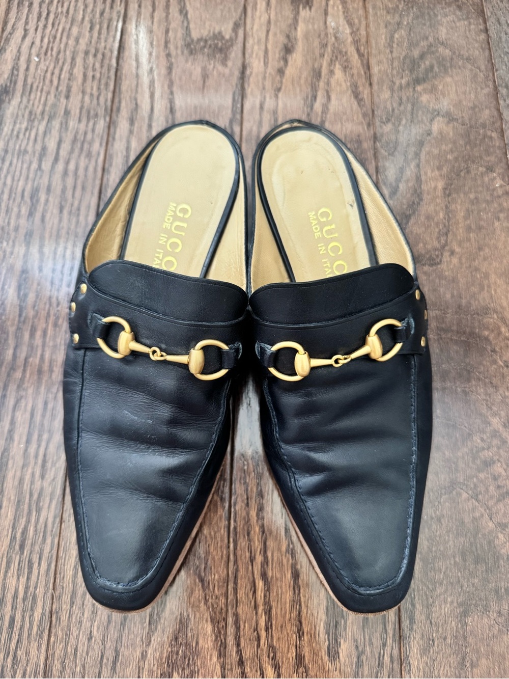 Authentic Gucci Black Leather and Gold Horsebit Slip-On Mules